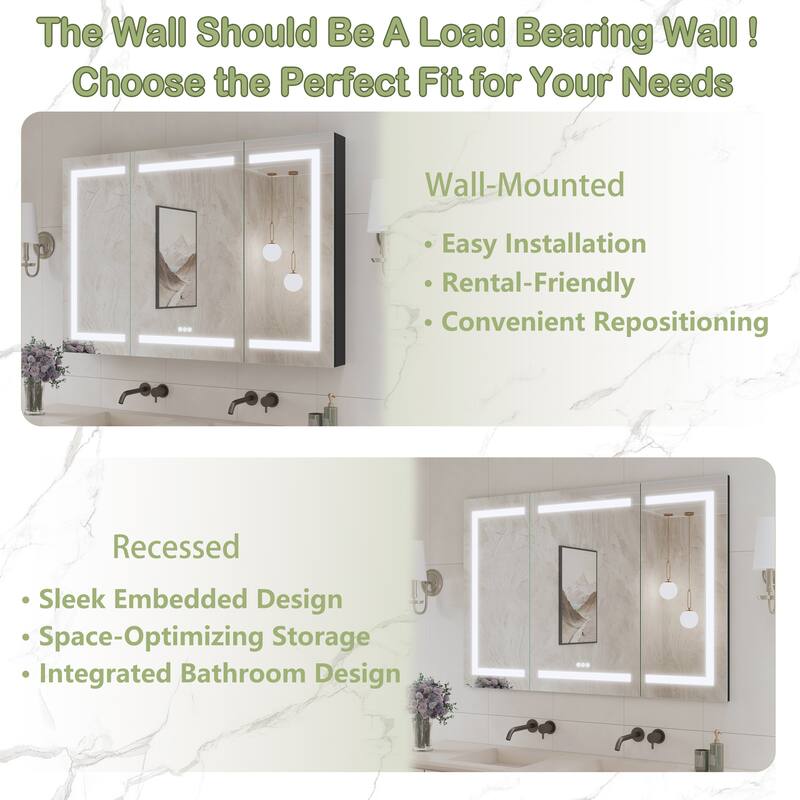 Rectangular Aluminum Recessed/Surface Mount Frameless Anti-Fog Medicine Cabinet with Dimmable LED Lights