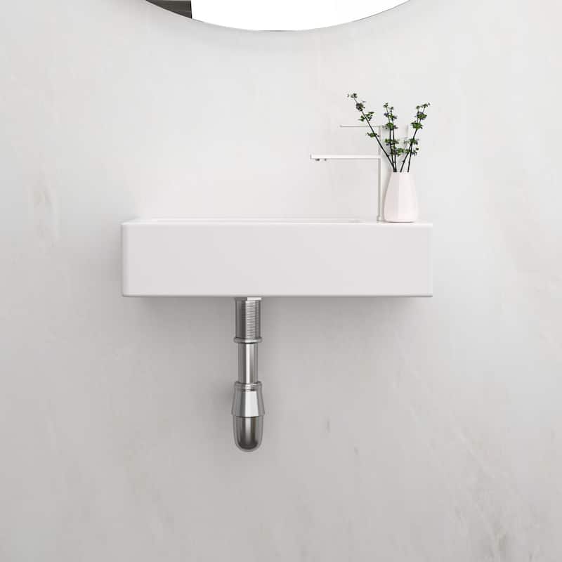 Modern Rectangular Wall Mounted Floating Bathroom Sink, Premium Ceramic with Faucet Hole and Installation Hardware