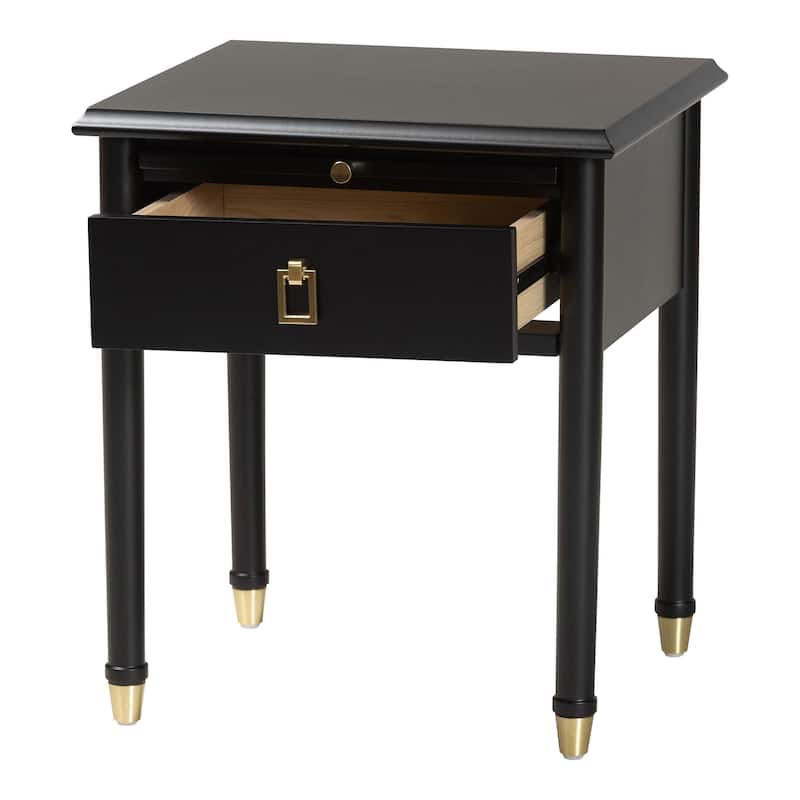 Tamra Black Wood Nightstand with Pullout Shelf - Modern Transitional Bedside Table with Metallic Accents