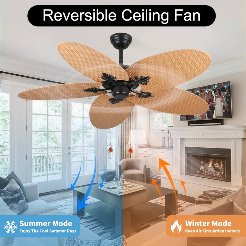 52"Tropical Ceiling Fan with 5 Palm Leaf Blades, Indoor/Outdoor No Light Fan, Pull Chain Control, Dual Mounting Options