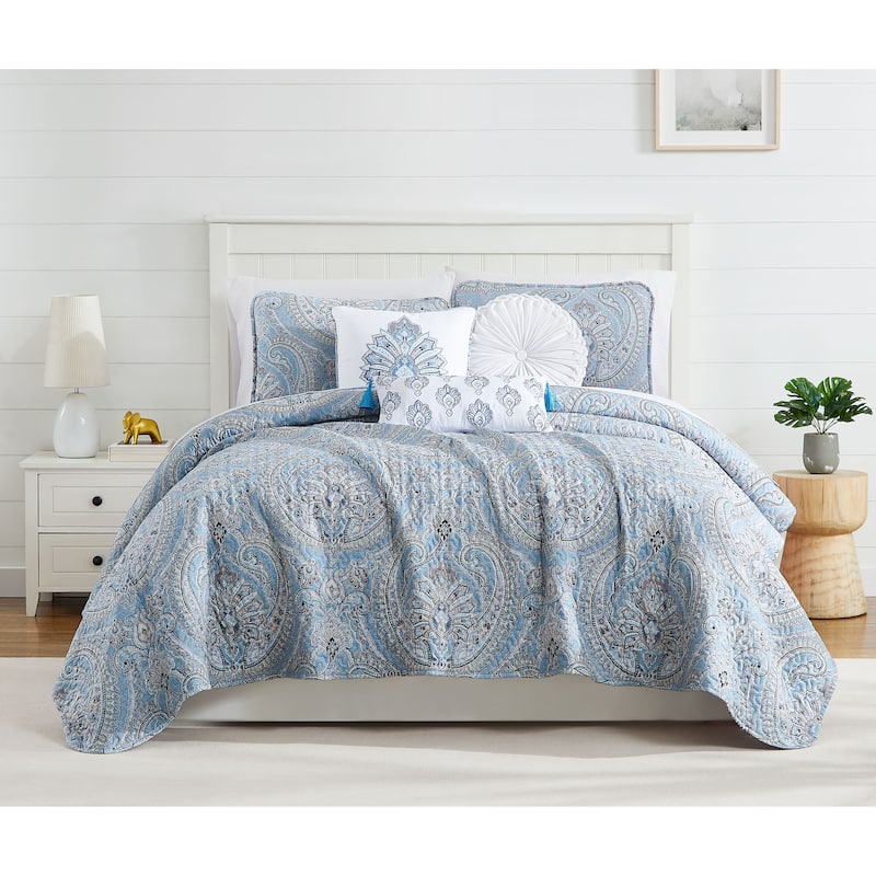 Pure Melody 6 piece Quilt Bedding Set - Aqua - Full - Queen