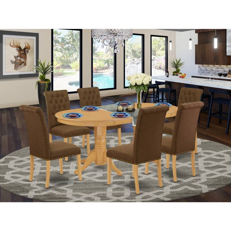 7Pc Dinette Set - Oval Dining Table with Butterfly Leaf & 6 Parsons Chairs - Oak Finish - 76.3