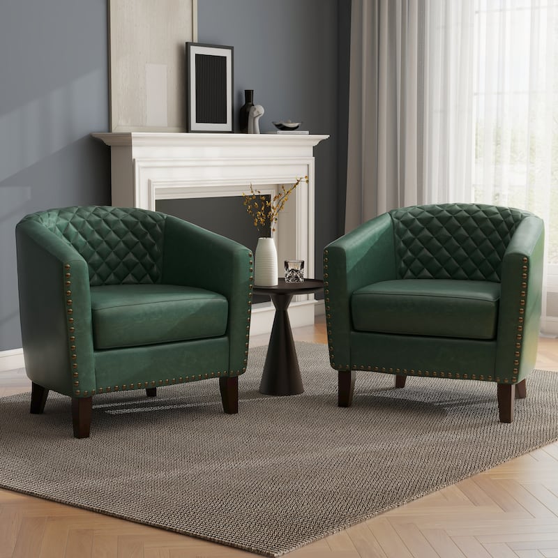 2 Set 29" W Vegan Leather Barrel Accent Chairs with Nailheads Trim