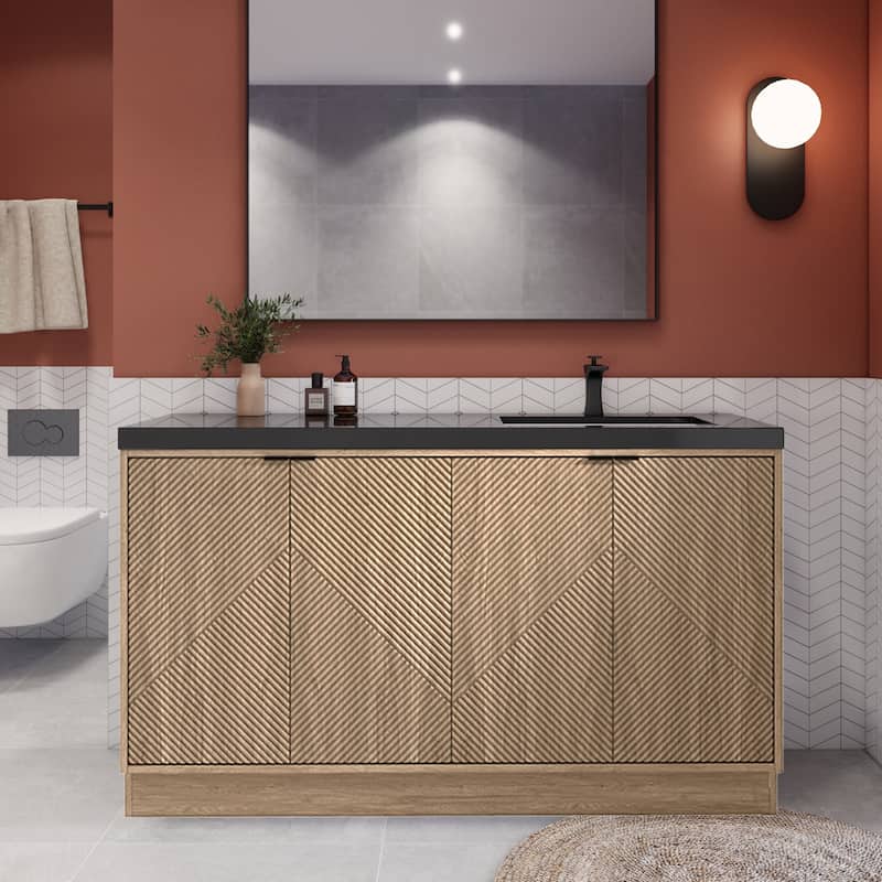 Milano 60" Freestanding Bathroom Vanity with Right Black Acrylic Sink - 59.06" x 19.49" x 35.46'' - Light Brown