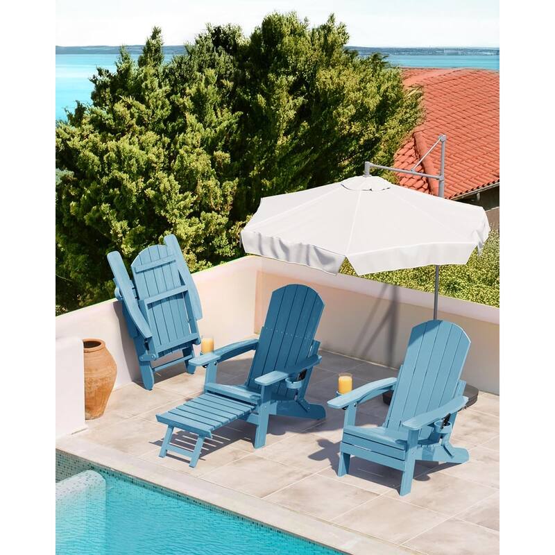 WINSOON All Weather HIPS Folding Adirondack Chair 5-Gear Adjustable Backrest Chairs with Retractable Ottoman Set of 4