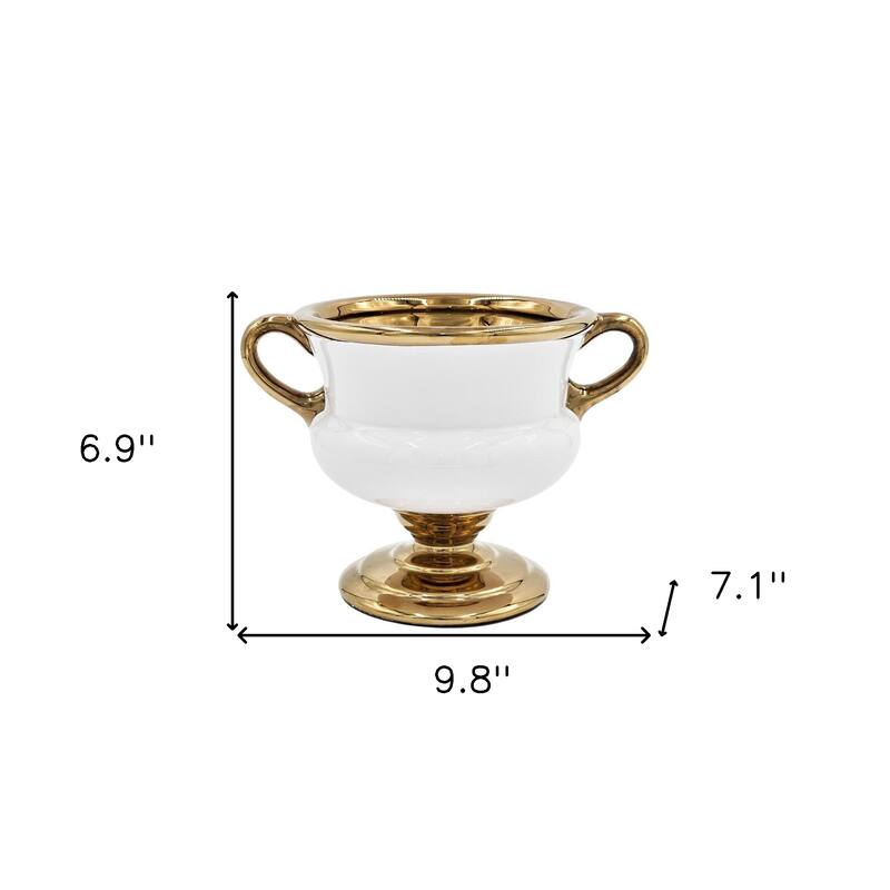 7" White And Gold Ceramic Amphora Urn - 9.80