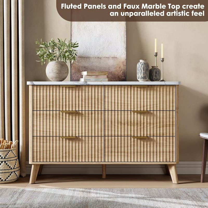 Modern Fluted 6 Drawers Dresser TV Stand for Living Room, Bedroom