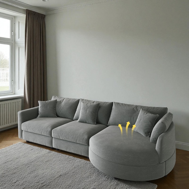 105" Chenille 3-Piece Sectional Sofa with Curved Chaise, Pine Wood Frame & 3 Throw Pillows for Living Rooms and Apartments