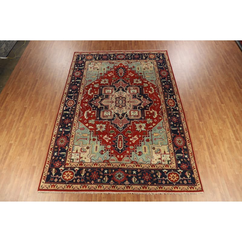 Medallion Heriz Serapi Large Rug Hand-Knotted Orange Wool Carpet - 9'9" x 13'8"