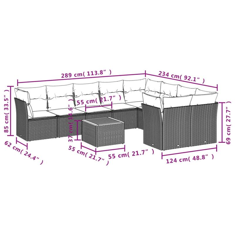 vidaXL Patio Sofa Set with Cushions Outdoor Furniture 10 Piece Poly Rattan - 21.7 x 21.7 x 14.6