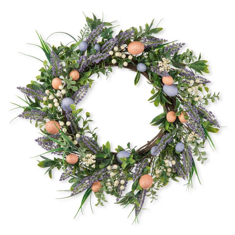 Glitzhome Easter Wreath with Eggs Lavender Bird Nest for Front Door Wall Window Holiday Decoration