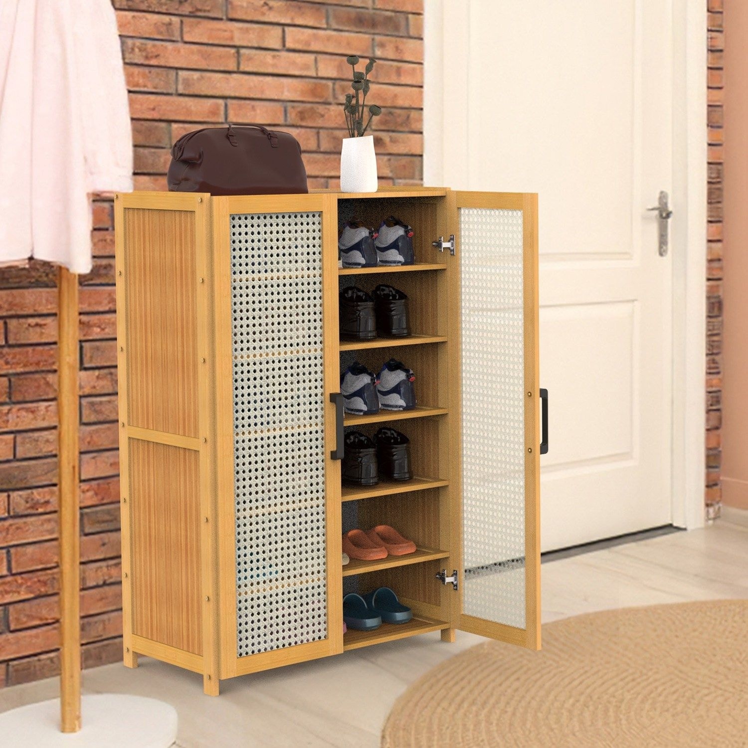 6-Tier Shoe Cabinet with Bamboo Shoe Rack Freestanding Shoe Organizer with 2 Hollow Doors for Closet Hallway Living Room