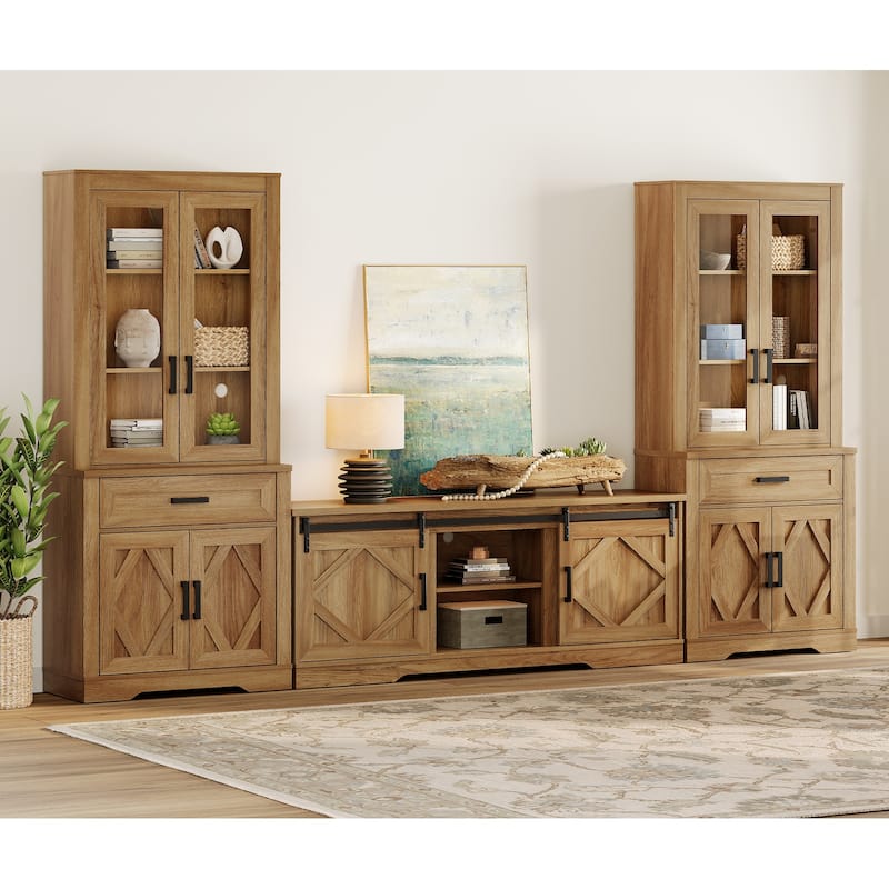 Modern Farmhouse TV Stand with Bookcase for 65" 75" TV with Barn Door for Living Room, Bedroom & Home Office