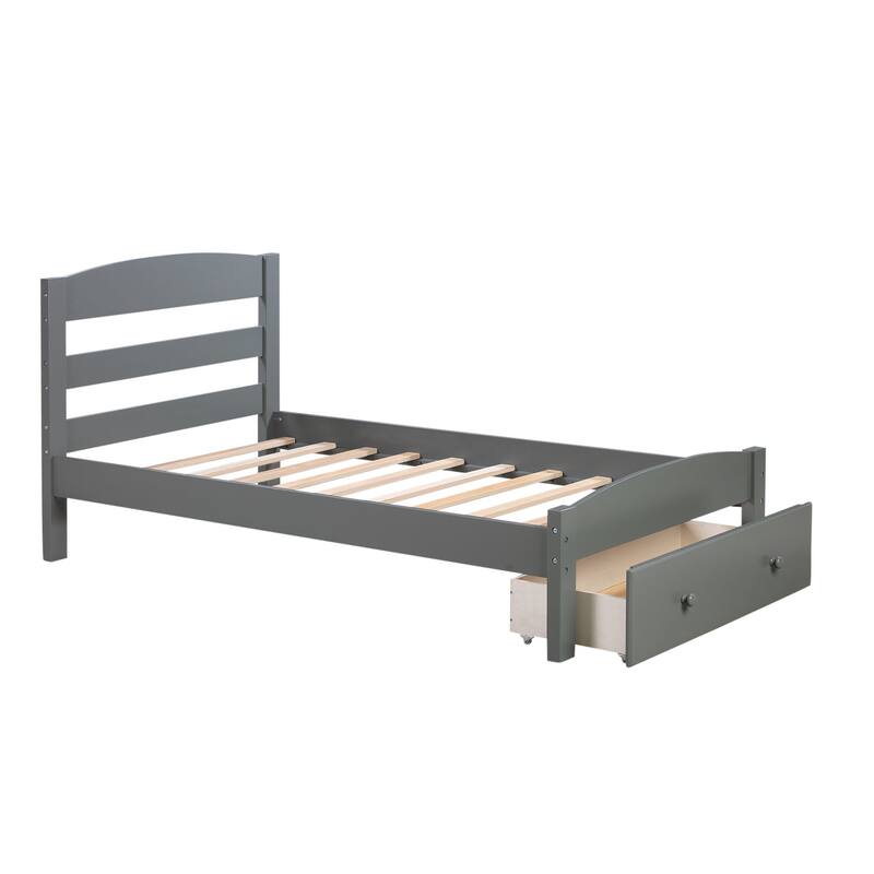 Platform Twin Bed Frame with Storage Drawer and Slat
