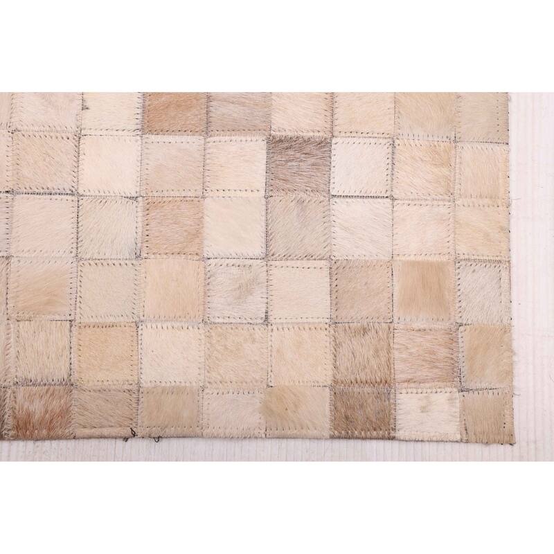 ECARPETGALLERY Handmade Cowhide Patchwork Beige Leather Rug - 8'1 x 10'0
