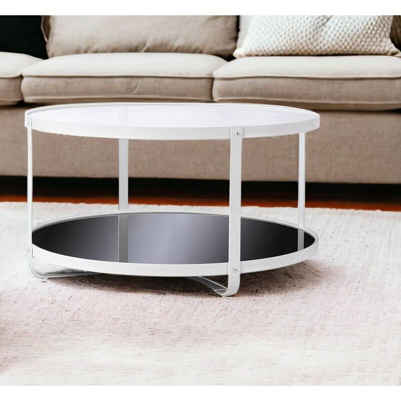 32" White Glass And Metal Two Tier Round Coffee Table - 32”L x 32”W x 18”H