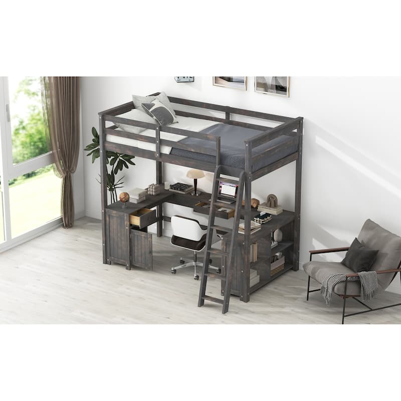 Full Loft Bed with U-Shaped Desk, Storage Drawers, Shelves, and Guardrails, Perfect for Kids and Teens, No Box Spring Needed