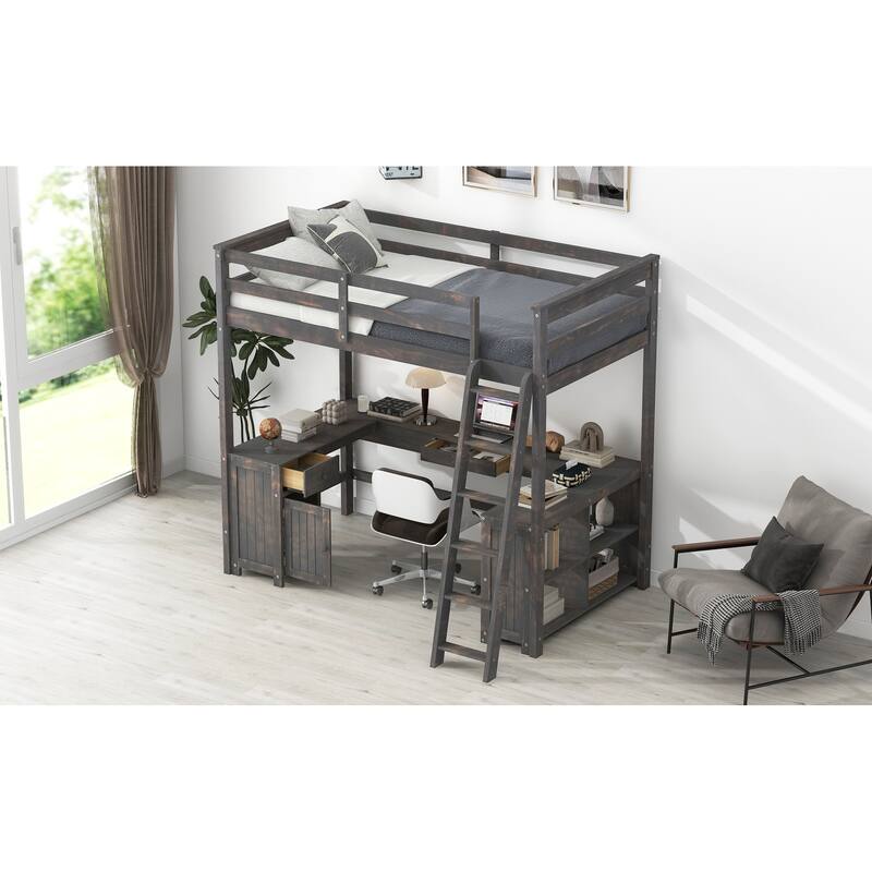 Full Size Loft Bed with U-shaped Desk, Drawers, and Storage Shelves in Antique Brown