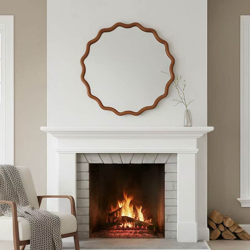 24 inch Wavy Round Solid Wood Frame Decorative Mirror,For Bedroom, Bathroom, Living Room, Entryway