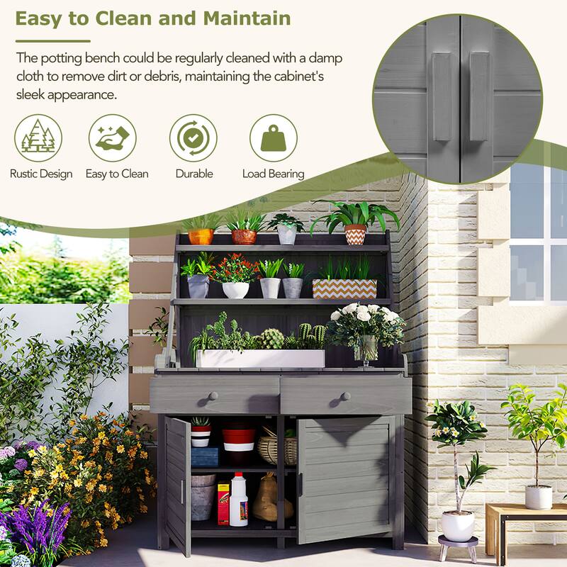 65" Garden Potting Bench Table with Storage Shelves, Drawers, and Cabinet – Fir Outdoor Planting Station with Storage Shelves