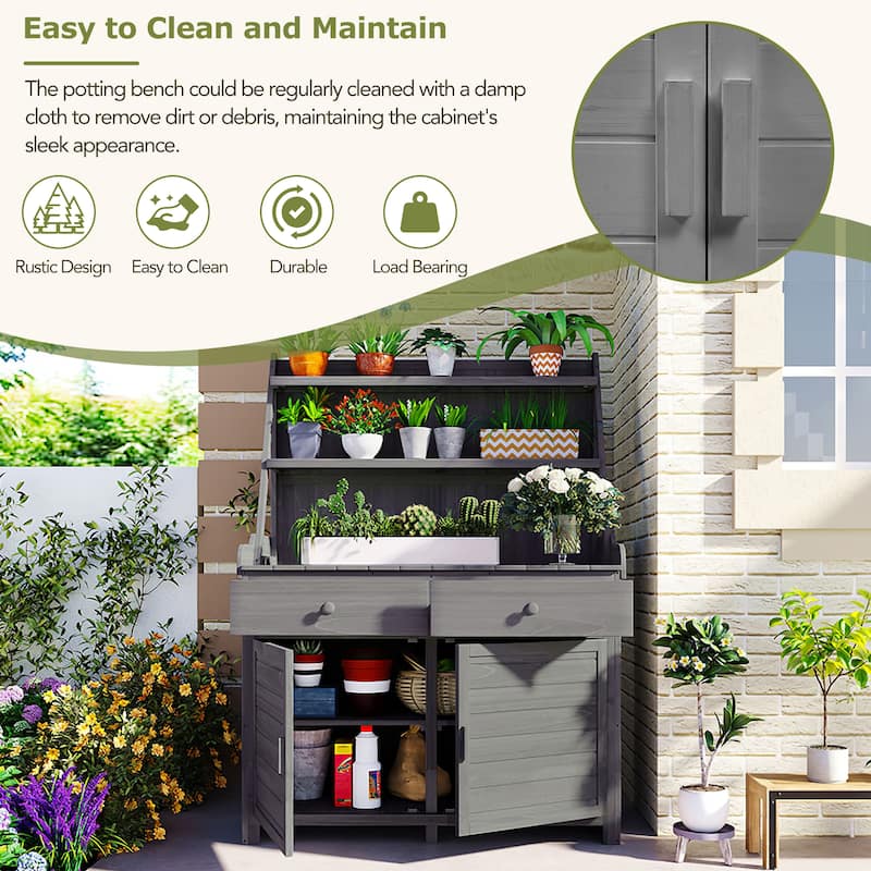 Fir Wood Workstation with Storage Shelf, Drawer and Cabinet, 65inch Garden Potting Bench Table