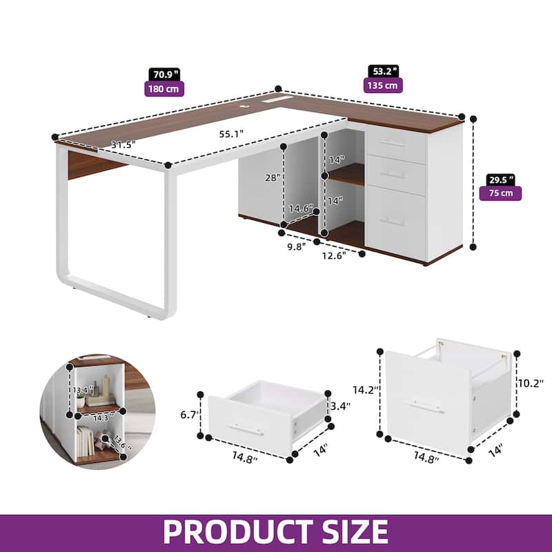 Moasis 71" L Shaped Office Computer Desk with Drawers and File Cabinet