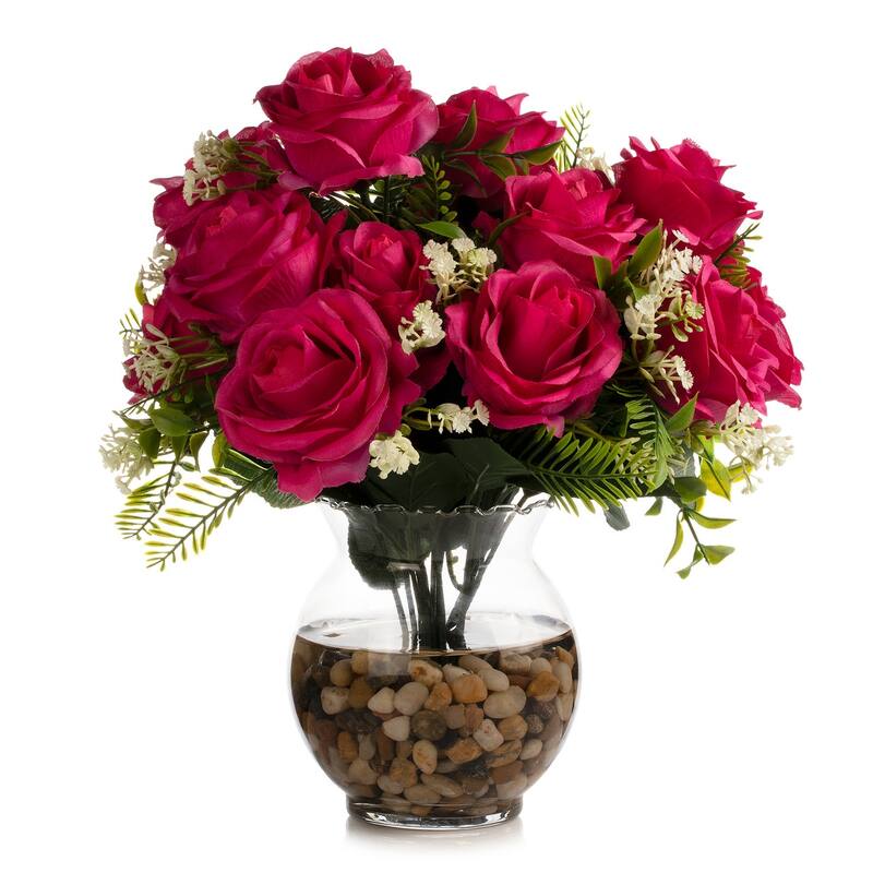 18 Heads Silk Rose Flower in Clear Glass Vase With Faux Water and River Stone for Home Decor, Wedding Table