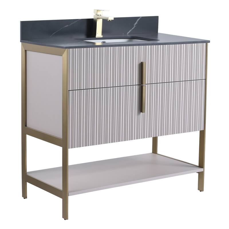 Fine Fixtures Serenity Modern Bathroom Vanity with Black Sintered Stone Top - Bright Taupe - Brass Hardware - 36 inch