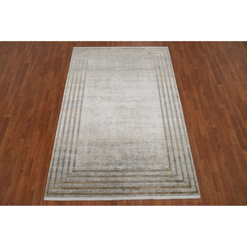Machine Made Oriental Polyester Carpet Geometric Beige & Ivories Distressed Area Rug - 7' 5'' X 5' 2''