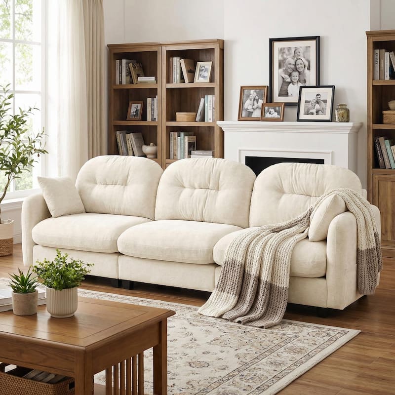 Homy Casa Chenille 3-Seat Modular Sofa, Tufted Back, Ergonomic Couch - Beige