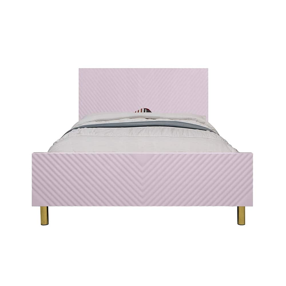 Wooden Full-Size Bed with Metal Legs in High Gloss Pink Finish