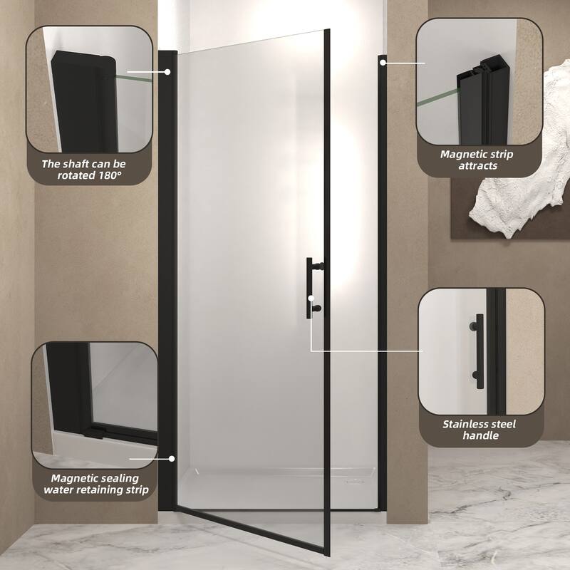 Framed Pivot Shower Door in Matte Black with Stainless Steel Handle