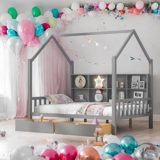 Wooden Full Size House Bed with 2 Drawers and Storage Shelf for Kids, Gray
