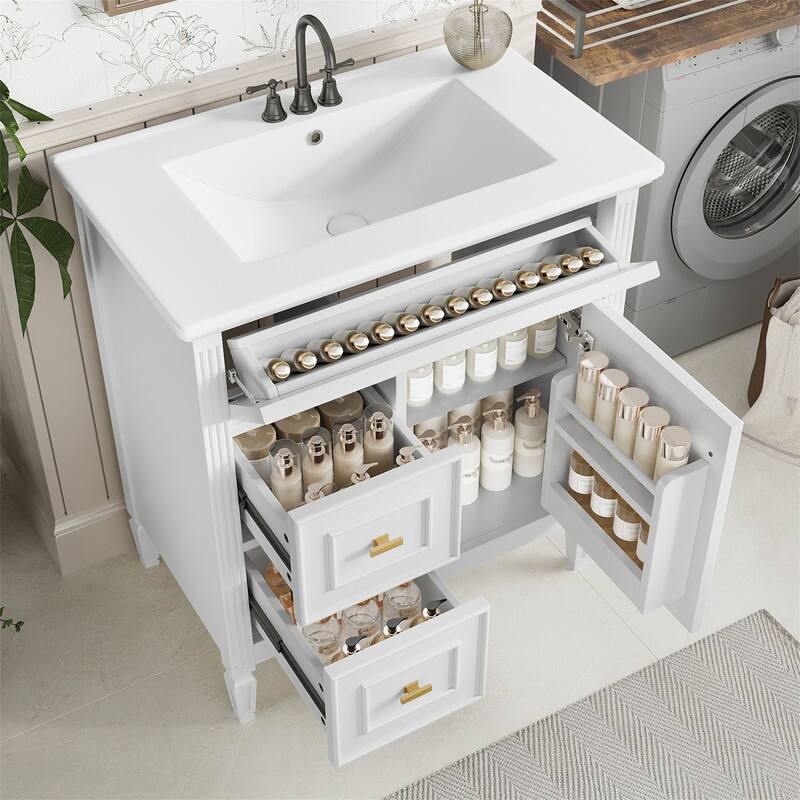 30" Bathroom Vanity with Ceramic Sink Combo, Bathroom Vanity Cabinet with 1 Flip Drawer, 2 Drawers & Adjustable Shelf - White