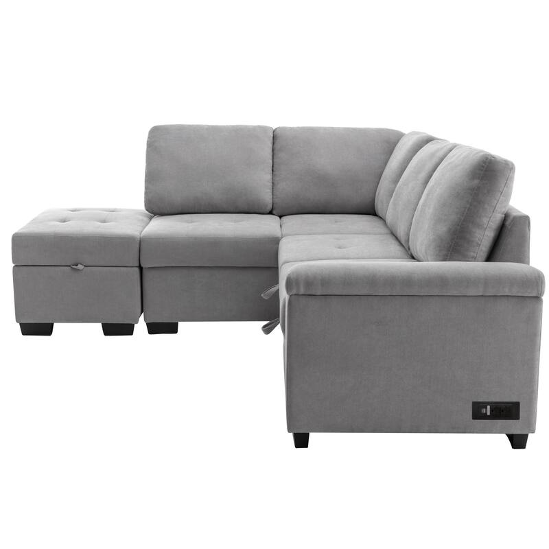 Velvet Sleeper Sectional Sofa, L-Shape Corner Couch Sofa-Bed with Storage Ottoman, Hidden Arm Storage, USB Charge
