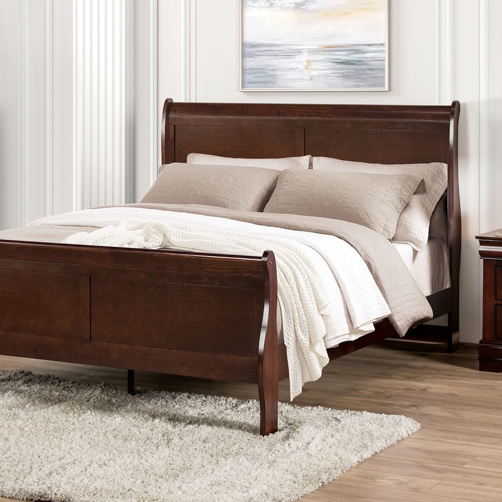 Queen Size Sleigh Bed in Dark Cherry, Transitional Style, Wood Veneer Finish