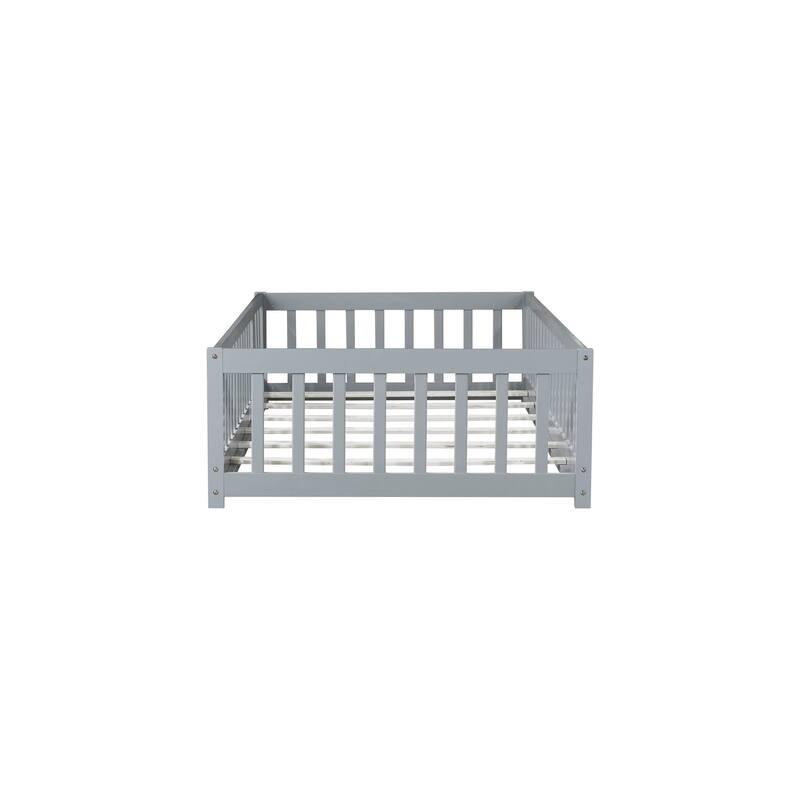 Twin Size Floor Bed with Fence and Door,Rubber Wood Floor Bed with Safety