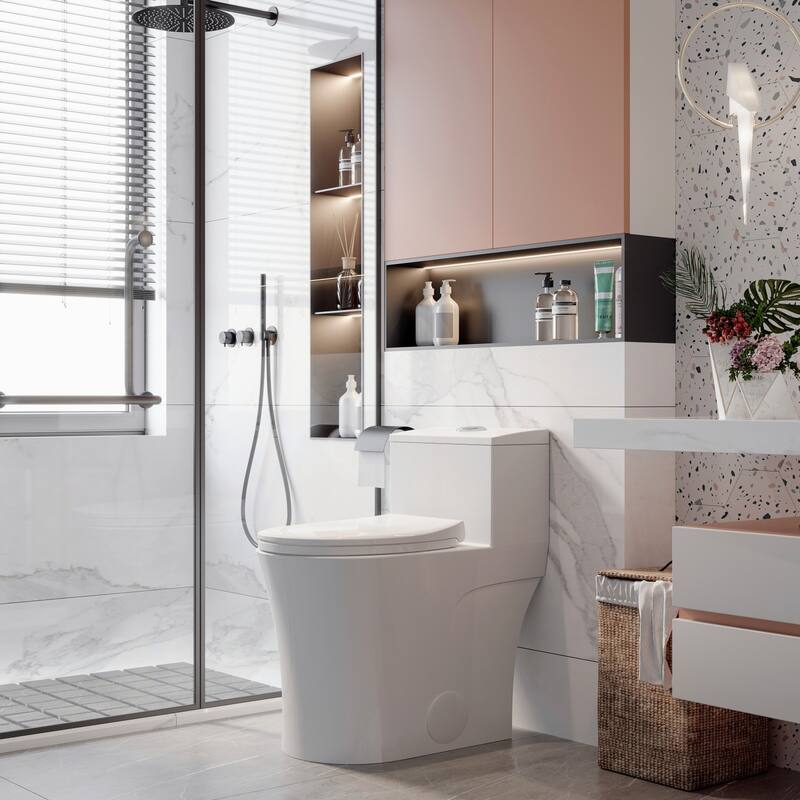 HOROW One Piece Elongated Toilet in White 0.8/1.28 GPF High Efficiency Dual Flush with Soft Closing Seat - N/A