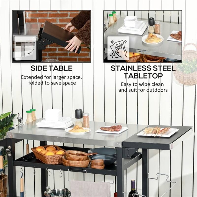 Stainless Steel Grill Cart with Foldable Top Wheels Storage Shelves Seasoning Rack Wine Holder and Paper Towel Rack