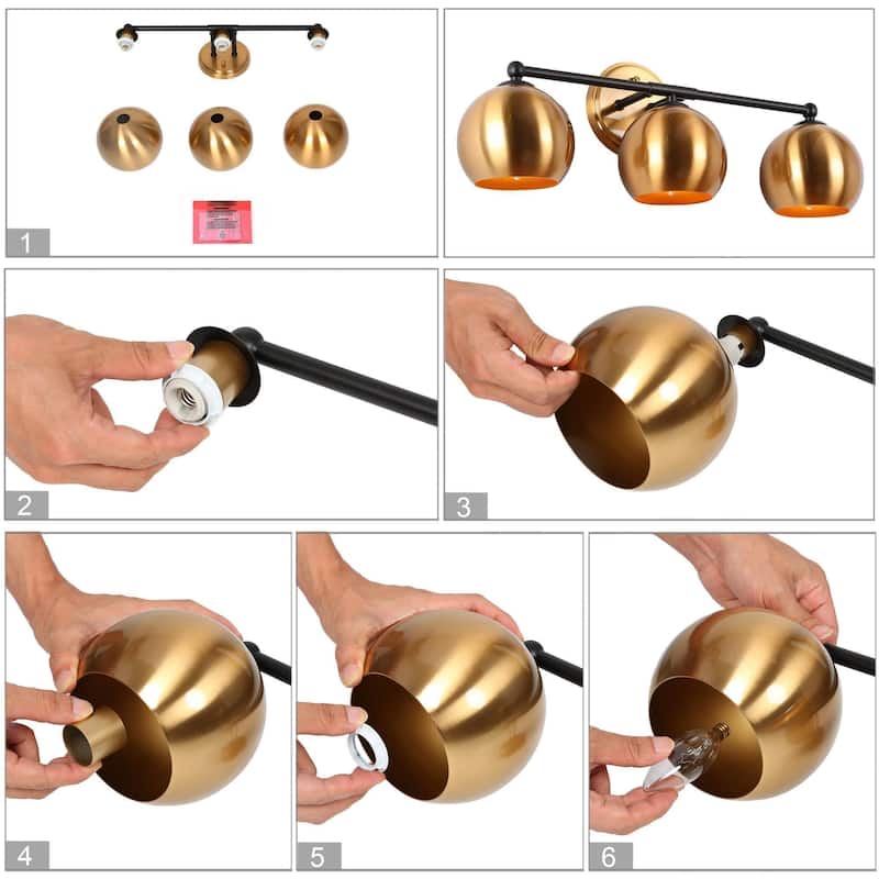 Marden Modern Black Gold 3-Light Bathroom Vanity Lights Vintage Metal Globe Wall Sconces - 22.5" L x 7" W x 8" H