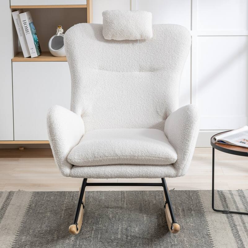 Teddy Fabric Wingback Rocking Chair for Nursery with Safe Solid Wood Base