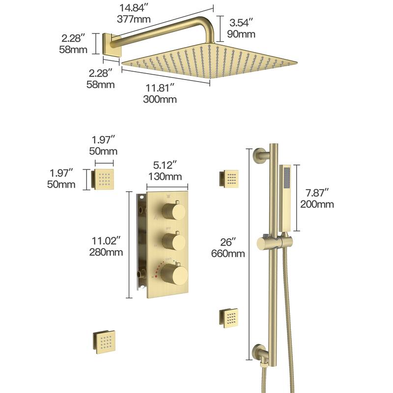 Thermostatic 3-Spray 12 in. Wall Mount Fixed and Handheld Dual Shower Head 2.5 GPM with 4-Body Jets and Adjustable Slide Bar