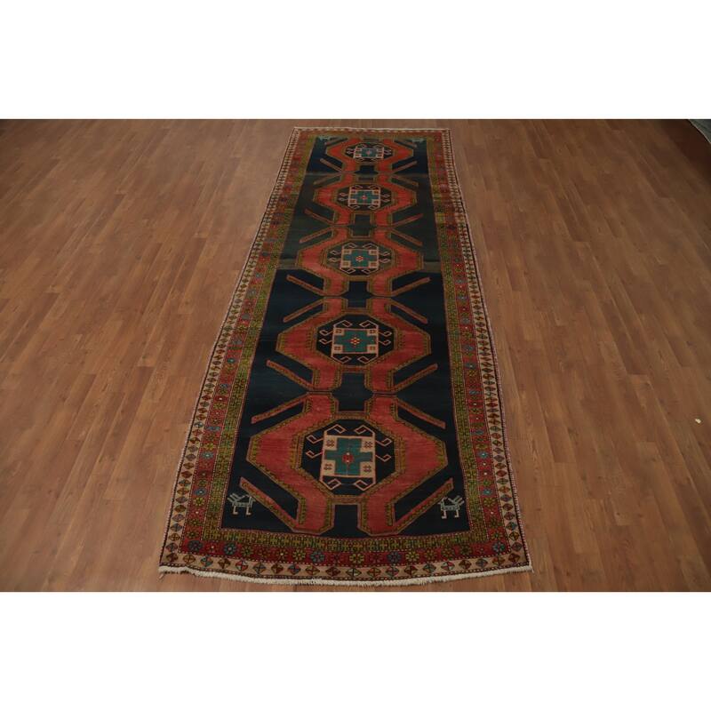 Hand Knotted Oriental 100% Wool Carpet Traditional Tribal Navy Blue & Blues Meshkin Runner Rug - 11' 0'' X 4' 1''