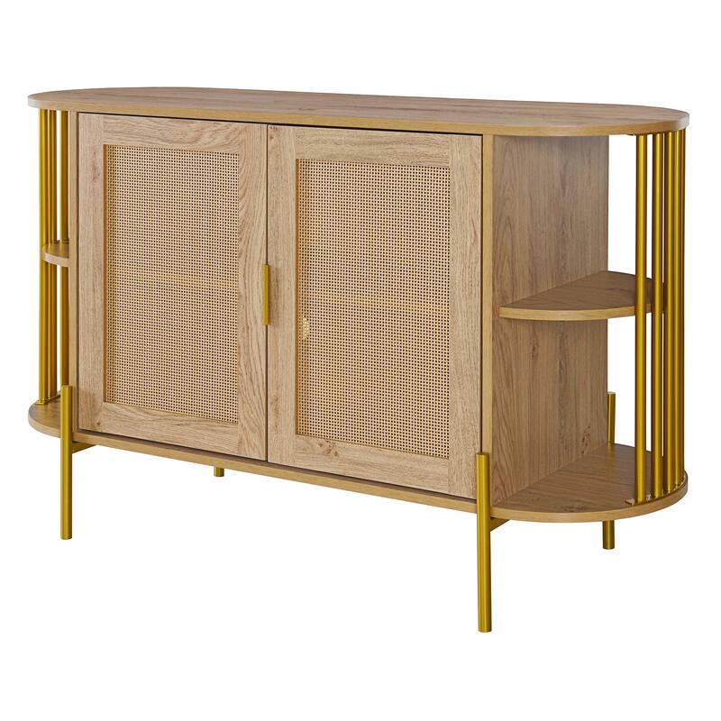 Curved Sideboard Rattan Buffet Storage Cabinet Side Cabinet, Natural
