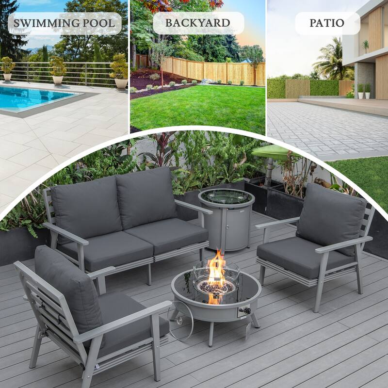 Walbrooke 4-Piece Outdoor Powder-Coated Frame Patio Furniture Set with Fire Pit Table, Tank Holder and Polyester Cushions