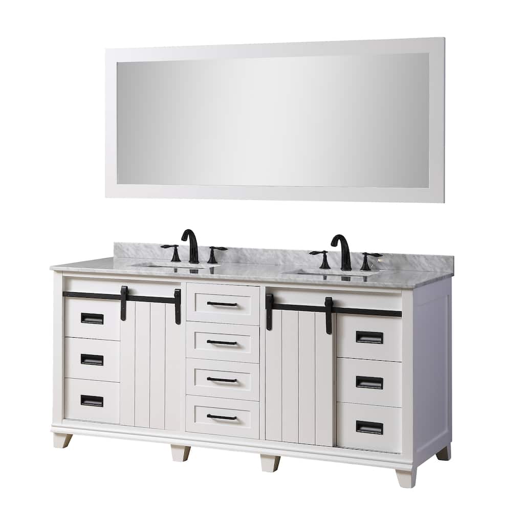 Chanceton 71 in. Vanity in White with White Carrara Marble Top with white basins and 1 Large Mirror