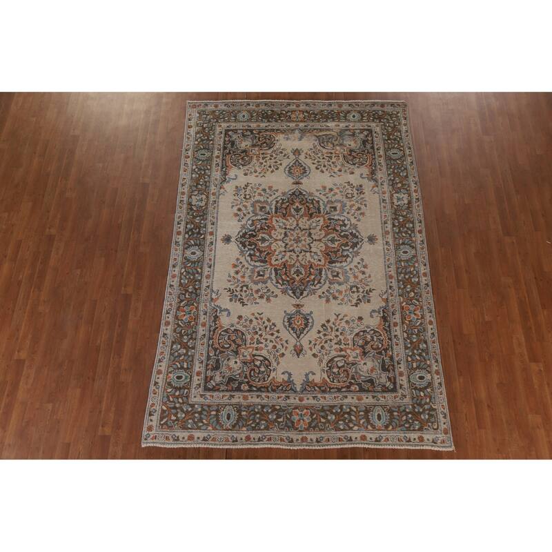 Hand Knotted Oriental 100% Wool Carpet Traditional Floral Beige & Ivories Tabriz Area Rug - 9' 8'' X 6' 5''
