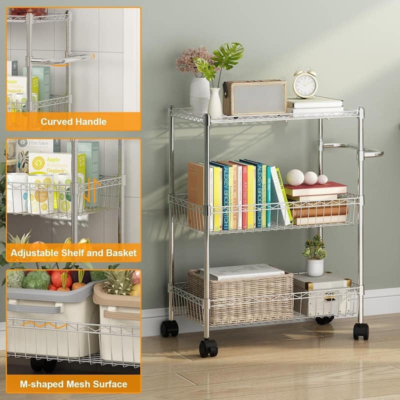 3 Tier Rolling Kitchen Cart with Baskets with Handles for Kitchen Bathroom - N/A