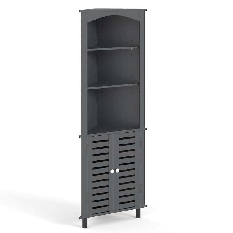 VECELO 68.5" Tall Triangle Corner Bookcase with Adjustable Open Shelves Magnetic Shutter Doors Storage Cabinet for Living Room