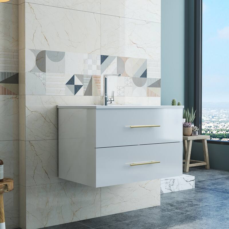 30-Inch Gloss Wall-Mounted Bathroom Vanity with Sink Combo, Double Drawers,Ceramic Sink,Long Metal Handle